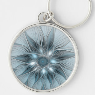 Blijde Bloem Abstract Blauw Grijs Bloemig Fractal Sleutelhanger