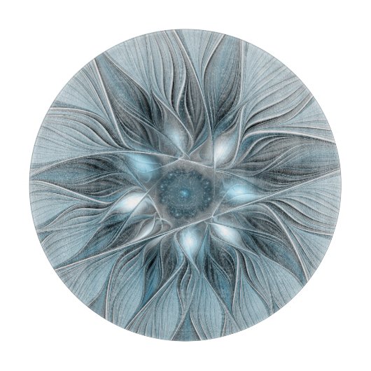 Blijde Bloem Abstract Blauw Grijs Bloemig Fractal Snijplank (Voorkant)