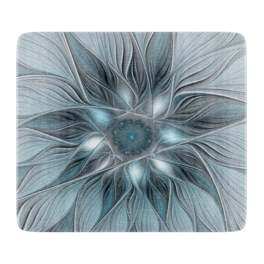 Blijde Bloem Abstract Blauw Grijs Bloemig Fractal Snijplank (Voorkant)