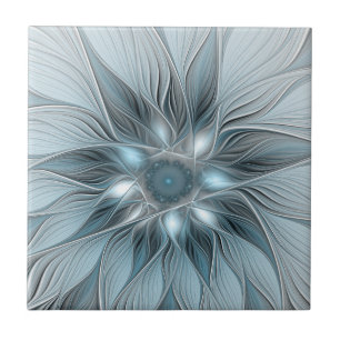 Blijde Bloem Abstract Blauw Grijs Bloemig Fractal Tegeltje