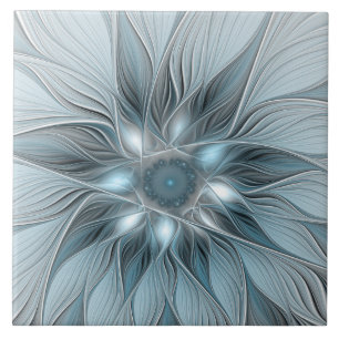 Blijde Bloem Abstract Blauw Grijs Bloemig Fractal Tegeltje