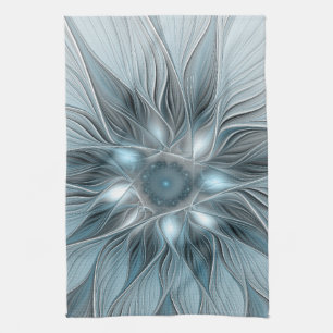 Blijde Bloem Abstract Blauw Grijs Bloemig Fractal Theedoek