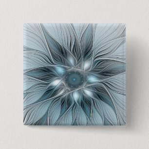 Blijde Bloem Abstract Blauw Grijs Bloemig Fractal Vierkante Button 5,1 Cm