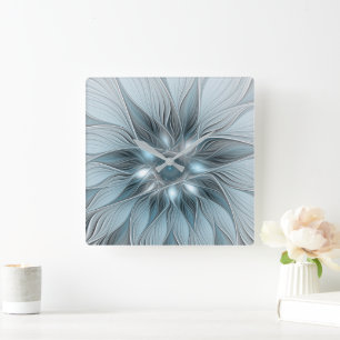 Blijde Bloem Abstract Blauw Grijs Bloemig Fractal Vierkante Klok