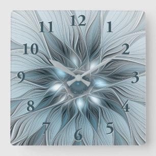 Blijde Bloem Abstract Blauw Grijs Bloemig Fractal Vierkante Klok