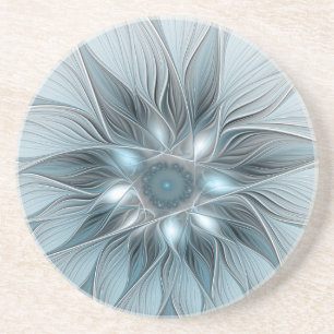 Blijde Bloem Abstract Blauw Grijs Bloemig Fractal Zandsteen Onderzetter