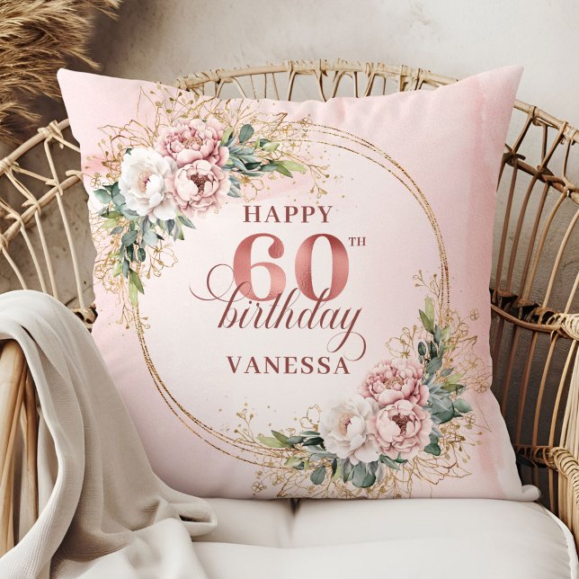 Blijde Blush Roze Bloemige Glans 60e verjaardag  Kussen (Joyful Blush Pink Floral Shimmer 60th birthday pillow)