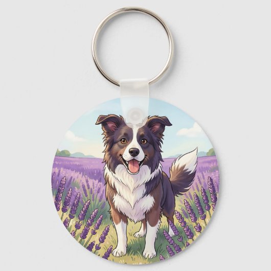 Blijde Border Collie in Lavendelveld Sleutelhanger (Voorkant)
