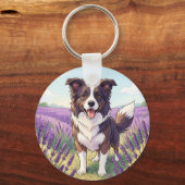Blijde Border Collie in Lavendelveld Sleutelhanger (Achterkant)