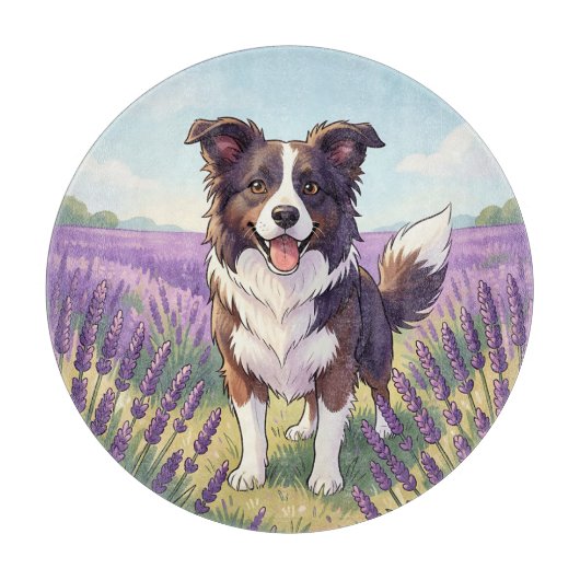 Blijde Border Collie in Lavendelveld Snijplank (Voorkant)