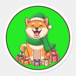 Blijde Corgi in Winter Kraag en Kerstman Hoed Ronde Sticker