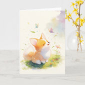 Blijde Corgi met Vlinderdans Kaart (Gele Bloem)