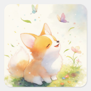 Blijde Corgi met Vlinderdans Vierkante Sticker