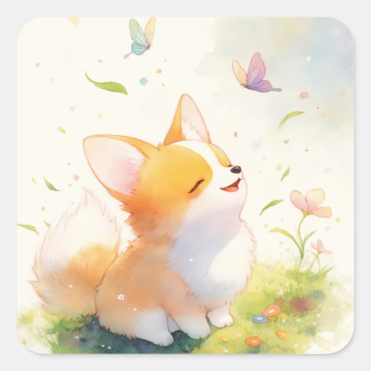 Blijde Corgi met Vlinderdans Vierkante Sticker (Voorkant)
