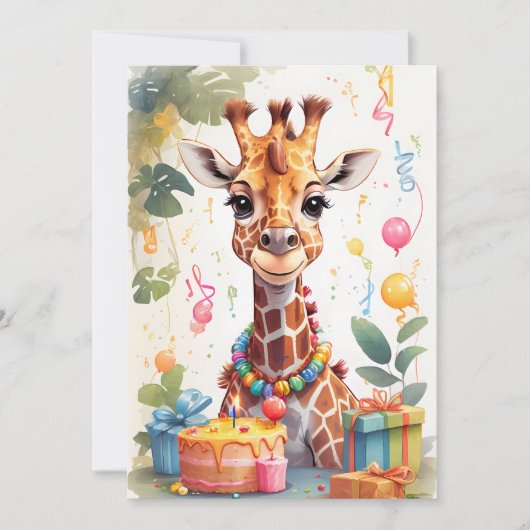 Blijde Giraffe met Cadeaus & Taart | Kaart (Voorkant)