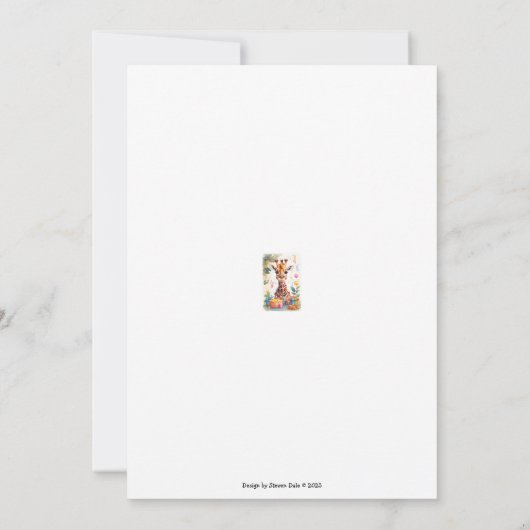Blijde Giraffe met Cadeaus & Taart |  Kaart (Achterkant)