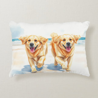 Blijde Gouden Retrievers op het Strand – Waterverf Accent Kussen