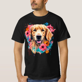 Blijde Goudkleurige Retriever Kleurrijke Bloemensp T-shirt