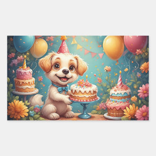 Blijde Hond die een Feestelijke Verjaardag Viert  Rechthoekige Sticker