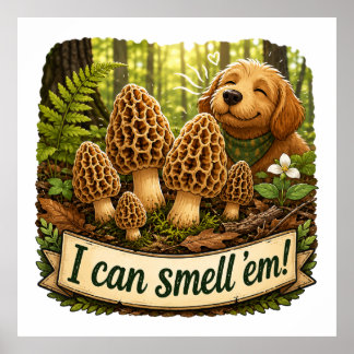 Blijde Hond die Morel Paddenstoelen Ruikt - Natuur Poster