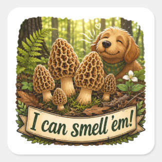 Blijde Hond die Morel Paddenstoelen Ruikt - Natuur Vierkante Sticker