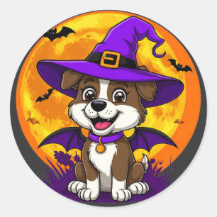 Blijde Hond Heksenhoed Halloween Ronde Sticker