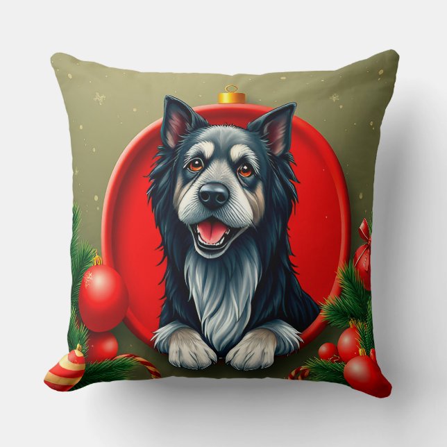 Blijde Hond in Festive Kerstbal Kussen (Voorkant)