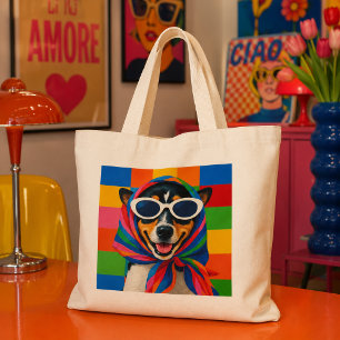 Blijde Hond in Regenboog Babushka Sjaal Pop Art Grote Tote Bag