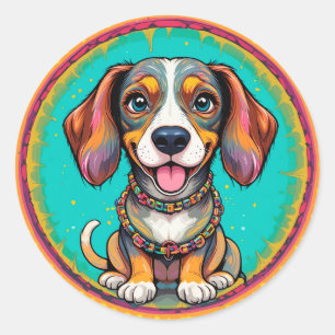 Blijde Hond Met Een Kleurrijke Halsband Ronde Sticker