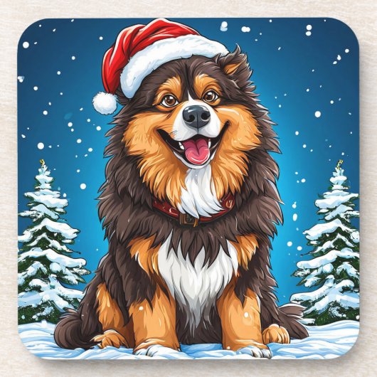 Blijde Hond met Kerstman Hoed Bier Onderzetter (Voorkant)