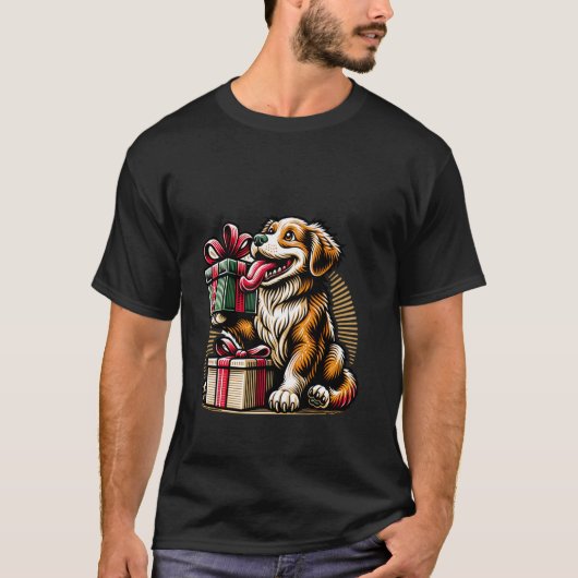 Blijde Hond met Pakket Kerstmis T-shirt (Voorkant)