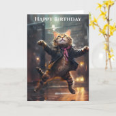 Blijde Kat Dansend In De Regen Verjaardag Kaart (Gele Bloem)