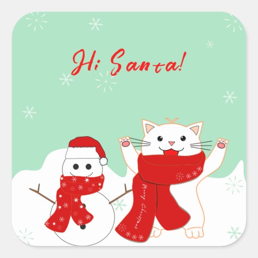 Blijde Kat Met Sneeuwman | Cute Kerst Sticker (Voorkant)