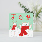 Blijde Kat Met Sneeuwman | Cute Kerstkaart (Staand voorkant)