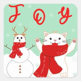 Blijde Kat Met Sneeuwman | Leuke Kerststicker Vierkante Sticker