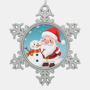 Blijde Kerstman in Besneeuwde Winter Scène Tin Sneeuwvlok Ornament