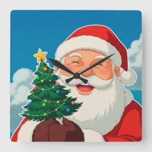 Blijde Kerstman met een Kleine Kerstboom Vierkante Klok