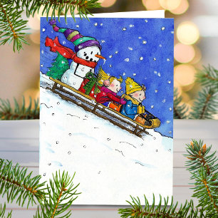 Blijde kinderen slee-groetkaart feestdagen kaart