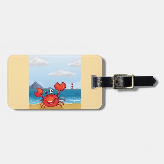Blijde Krab op Strand met Vuurtoren Bagagelabel (Voorkant horizontaal)