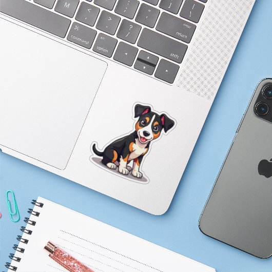 Blijde Manchester Terrier Puppy – Chibi Kunst Sticker (Laptop met iPhone)