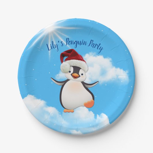 Blijde Pinguïns, Kerstmannenpetten Papieren Bordje (Voorkant)