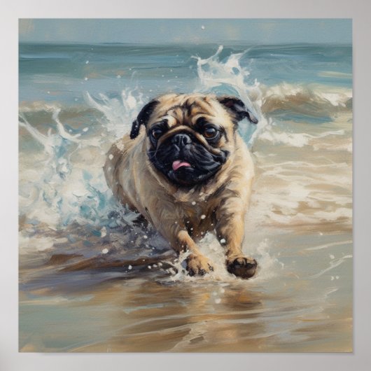 Blijde Pug aan het Strand Poster (Voorkant)