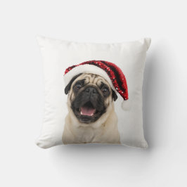 Blijde Pug Draagt Glitterende Rode Kerstman Hoed K Kussen