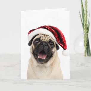 Blijde Pug met glinsterende rode kerstman hoed Ker Feestdagen Kaart