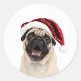 Blijde Pug met glinsterende rode kerstman hoed Ker Ronde Sticker