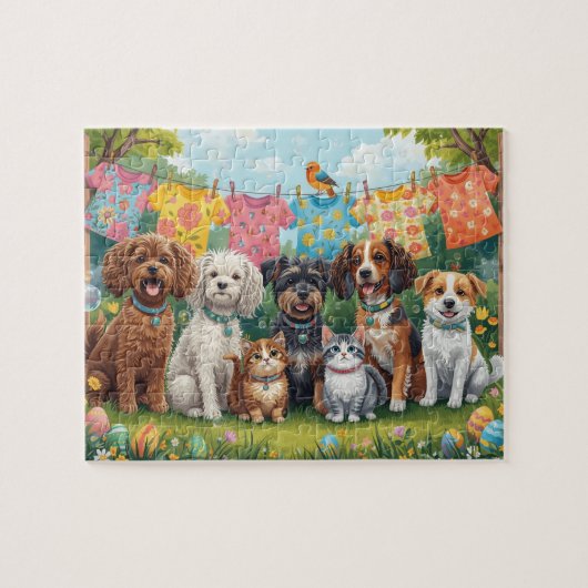 Blijde Puppies en Kittens in de Lentetuin Legpuzzel (Horizontaal)
