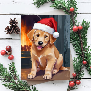 Blijde Puppy   Hond Kerstman Hoed Kerst Waterverf Feestdagenkaart