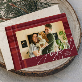 Blijde rode Kerst geruite familiefoto Feestdagenkaart