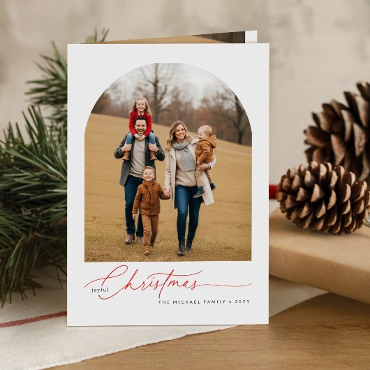 Blijde Rode Script Familieboog Foto Kerstmis Kaart