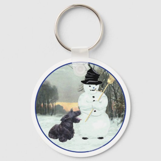 Blijde Scottish Terrier & Sneeuwman Sleutelhanger (Voorkant)